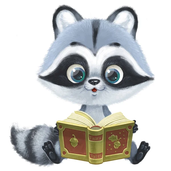Cute Cartoon Fluffy Raccoon Sit Floor Read Book — Stock Photo, Image