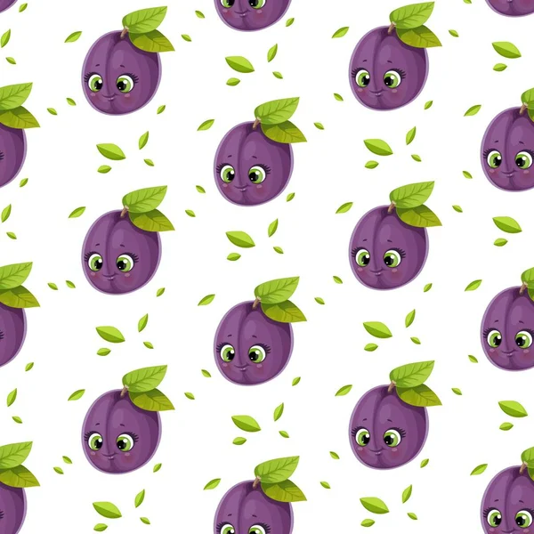 Patrón Sin Costuras Lindo Pequeño Emoji Dibujos Animados Ciruela Púrpura — Archivo Imágenes Vectoriales