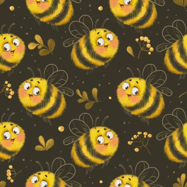 Nahtloses Muster Mit Niedlichen Cartoon Bienen Auf Dak Hintergrund — Stockfoto
