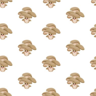 Beyaz bir arka planda küçük şirin çizgi film emojisi büyük istiridye mantarı deseni