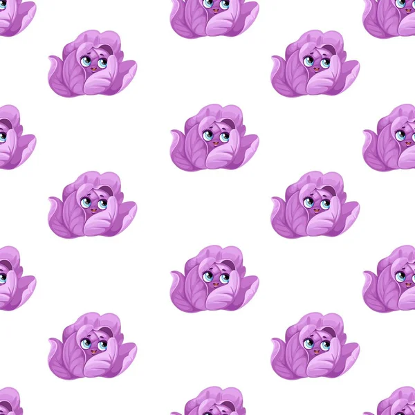 Seamless Pattern Cute Little Cartoon Emoji Red Cabbage White Background — Stock Vector