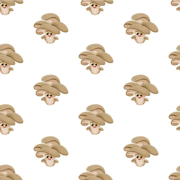Seamless Pattern Cute Little Cartoon Emoji Big Oyster Mushroom White — Stock Vector
