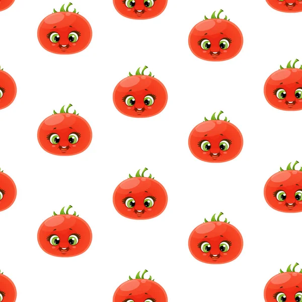 Seamless Pattern Cute Little Cartoon Emoji Red Juicy Tomatoes White — Stock Vector