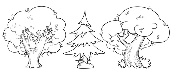 Drei Große Alte Baum Lineare Zeichnung Zwei Laubbäume Und Eine — Stockvektor