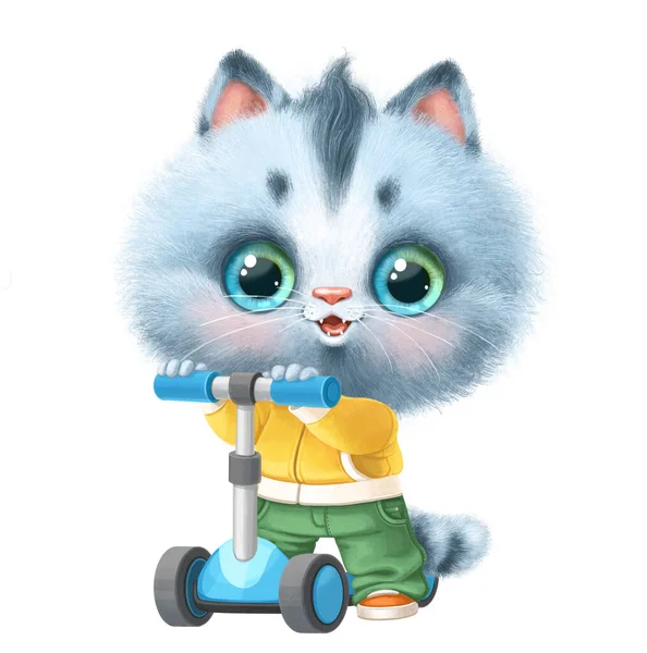 Nettes Cartoon Kätzchen Mit Roller Isoliert Auf Weißem Hintergrund — Stockfoto