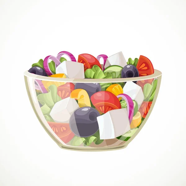Salada Grega Legumes Frescos Queijo Uma Salada Transparente Tigela Objeto — Vetor de Stock