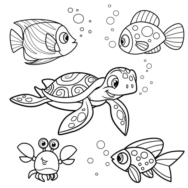 Cute Cartoon Exotic Sea Fishes Crab Turtle Outlined Coloring Page — Stock Vector