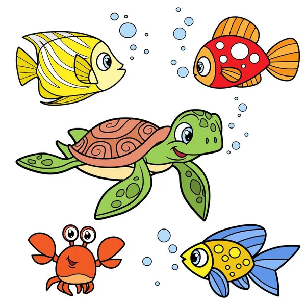 Netter Cartoon Exotische Meeresfische Krabben Und Schildkröten Farbvariante Zum Ausmalen — Stockvektor