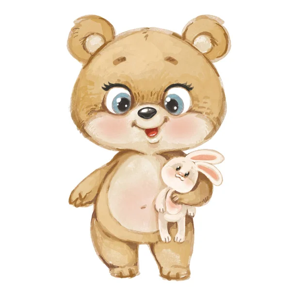Bonito Desenho Animado Urso Abraço Brinquedo Coelho Fundo Branco Aquarela — Fotografia de Stock