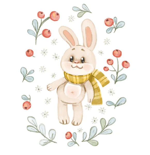 Мила Мультяшна Дитина Білий Кролик Декоративній Рамці Червоних Ягід Гілками — стокове фото