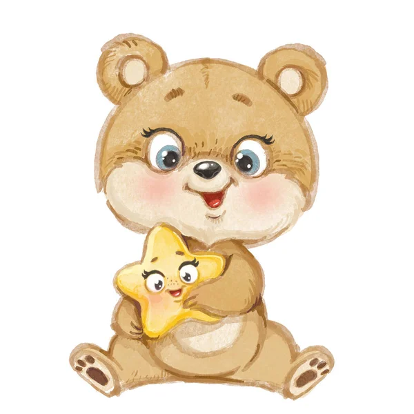 Cute Cartoon Bear Sit White Background Hold Star Watercolor Illustration — Stock Photo, Image