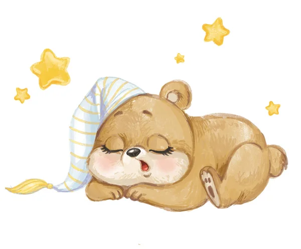 Cute Cartoon Baby Bear Sleep White Background Watercolor Illustration — Stock Photo, Image