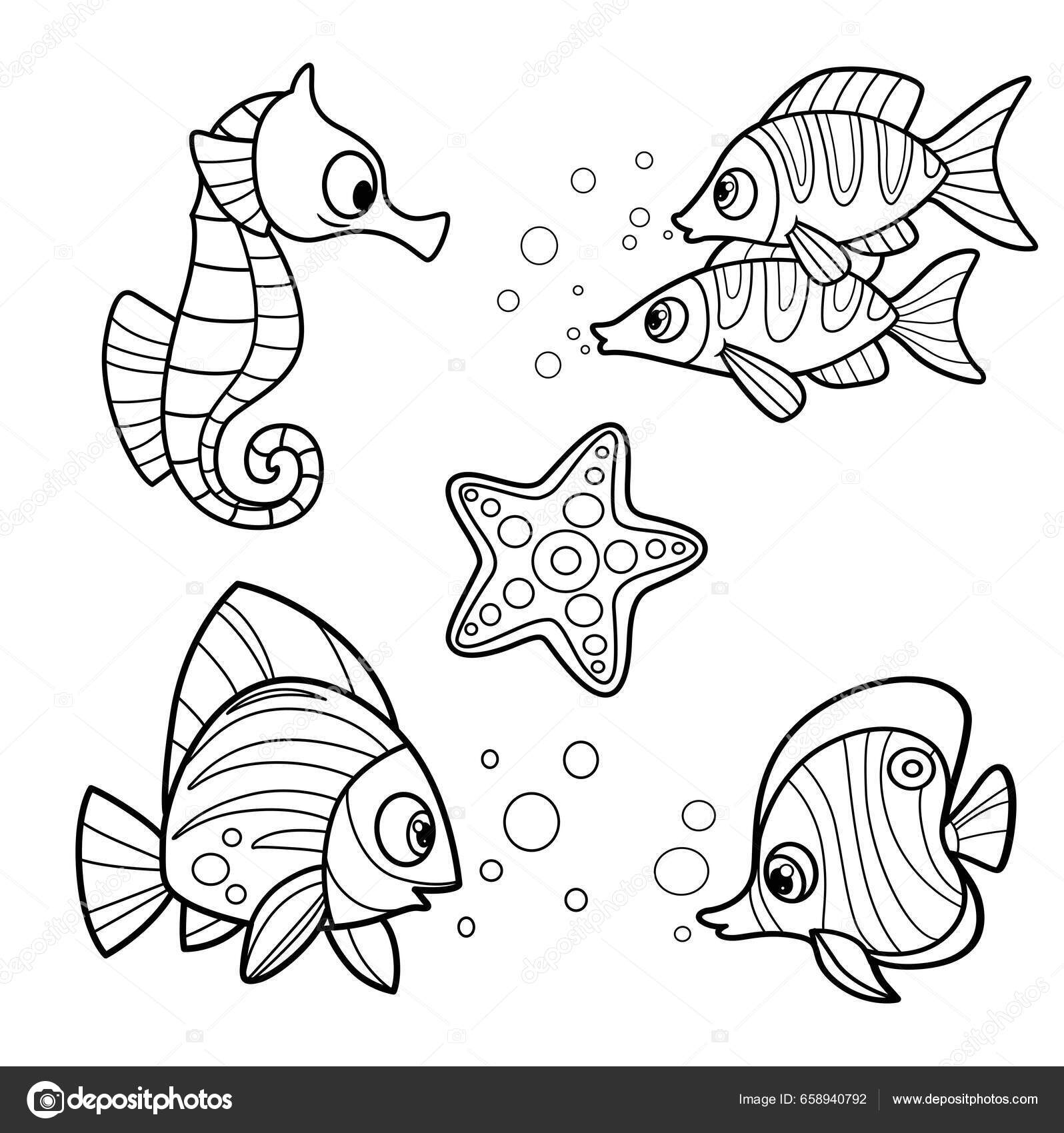 Desenhos Animados Bonito Quatro Peixes Marinhos Exóticos Cavalo Marinho  Estrela imagem vetorial de yadviga© 658940792