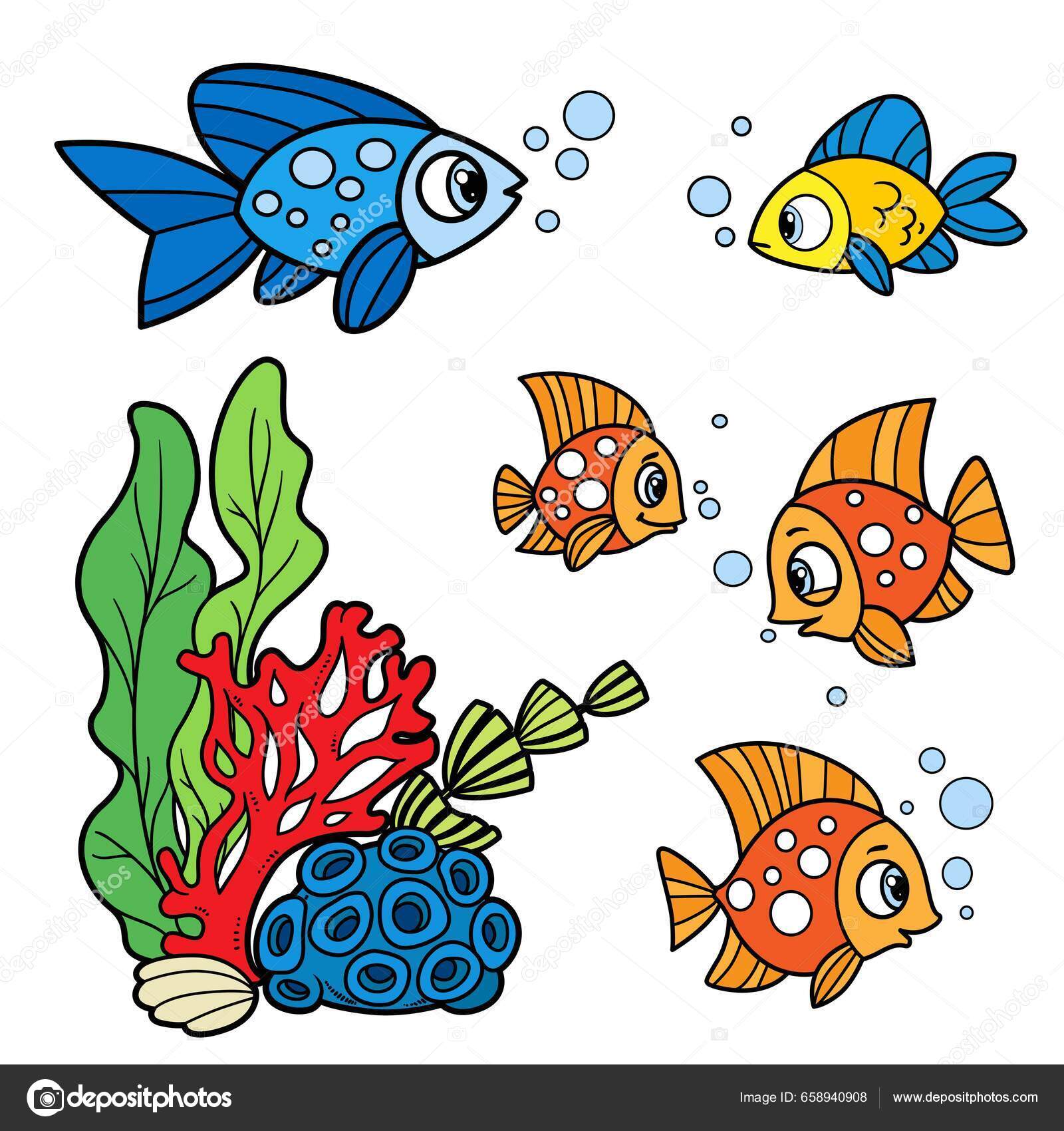 Cinco Peces Dibujos Animados Variación Color Del Mar Para Colorear Vector  de stock por ©yadviga 658940908