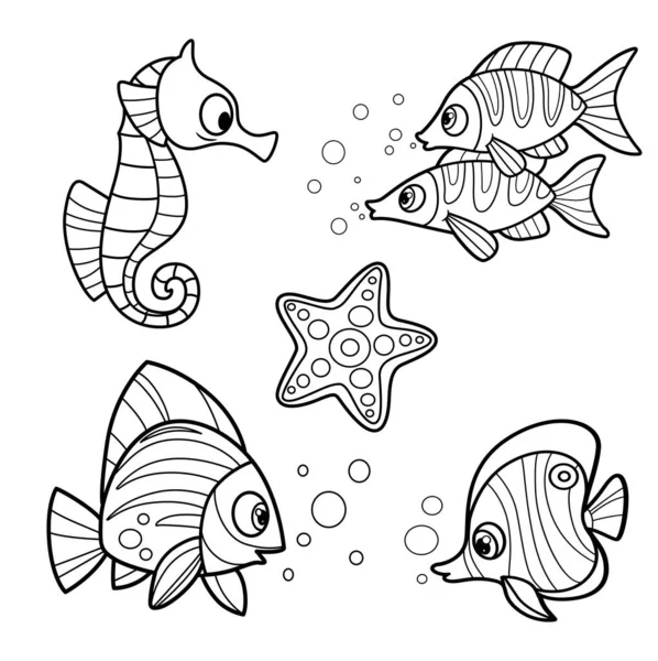 Милий Мультфільм Чотири Екзотичні Морські Риби Морські Коні Морські Зірки — стоковий вектор