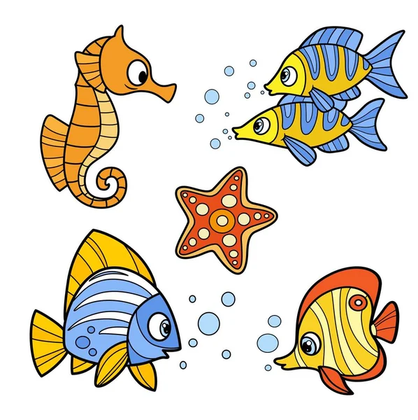 可爱卡通片4条奇异的海鱼海马和海星颜色变化 用于在白色背景上分离的着色页 — 图库矢量图片