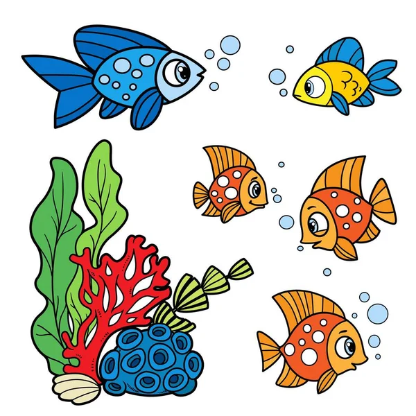 Fünf Cartoon Meeresfische Farbvariante Für Malvorlagen Isoliert Auf Weißem Hintergrund — Stockvektor