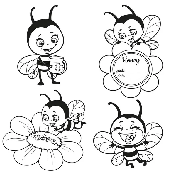 Cute Cartoon Bees Flower Outlined Coloring Page White Background — Stock Vector