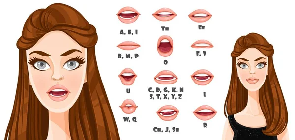 Cute Cartoon Brunette Girl Long Hair Talking Mouth Animation Female — Stock Vector