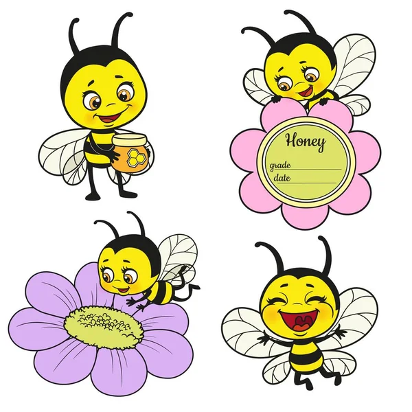 Cute Cartoon Bees Flower Color Variation Coloring Page White Background — Stock Vector