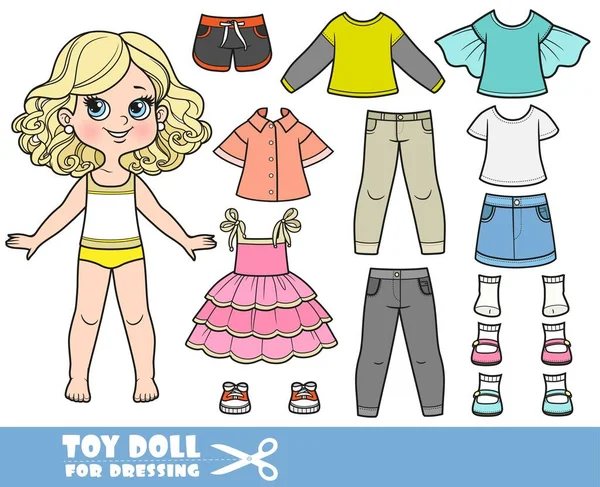 スカート ショートパンツ ブラウス ジーンズ Tシャツ サンダル サンダル サンドレス スニーカーの人形とは別に漫画のブロンドの女の子と服 — ストックベクタ