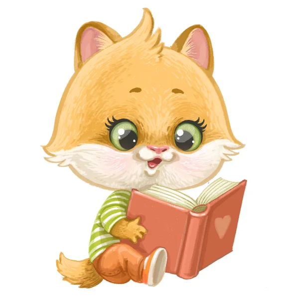 Cute Cartoon Kitten Sit Read Book Isolated White Backgrond — Stock Photo, Image