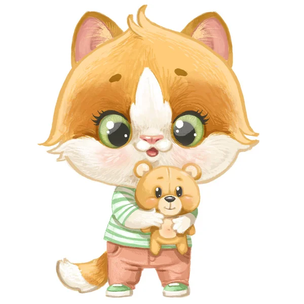 Cute cartoon kitten with teddy bear isolated on a white backgrond