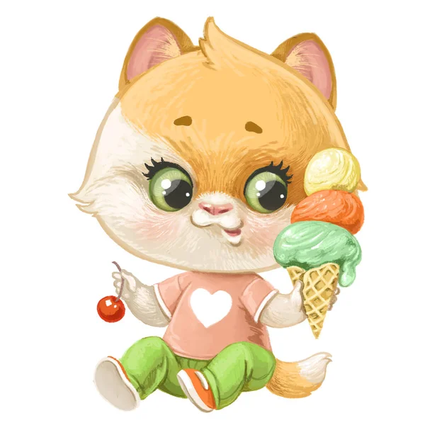 Cute Cartoon Kitten Sit Eat Colorful Ice Cream Waffle Cone — Stock Photo, Image
