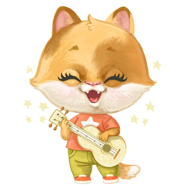 Cute cartoon kitten sings and plays the guitar isolated on a white backgrond
