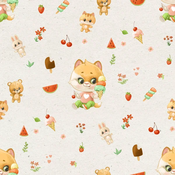 Seamless Pattern Little Kitten Ice Cream — Stock Photo, Image