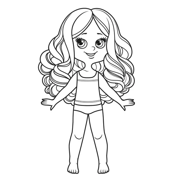 Roztomilé Kreslené Dívka Dlouhými Kudrnatými Vlasy Velkými Kudrlinkami Oblečené Spodním — Stockový vektor