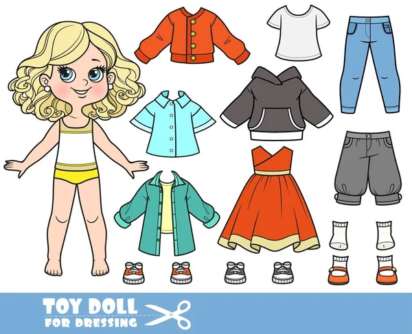 漫画のブロンドの女の子と服を別々に ドレス シャツ サンダル ブリーチ 長袖のシャツ ジーンズとスニーカーの人形ドレッシング — ストックベクタ