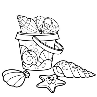 Children's toy bucket for playing in the sandbox full of sea shells outlined on white background clipart