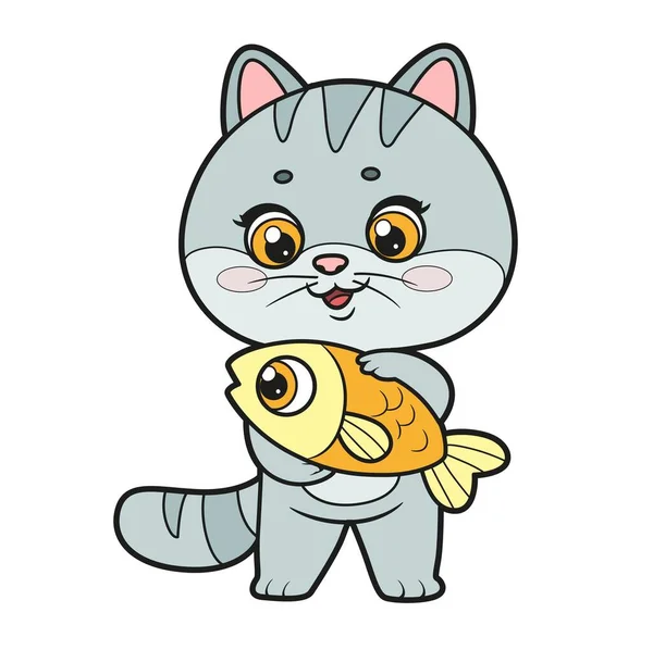 Nettes Cartoon Kätzchen Mit Fisch Haustier Farbvariante Zum Ausmalen Auf — Stockvektor