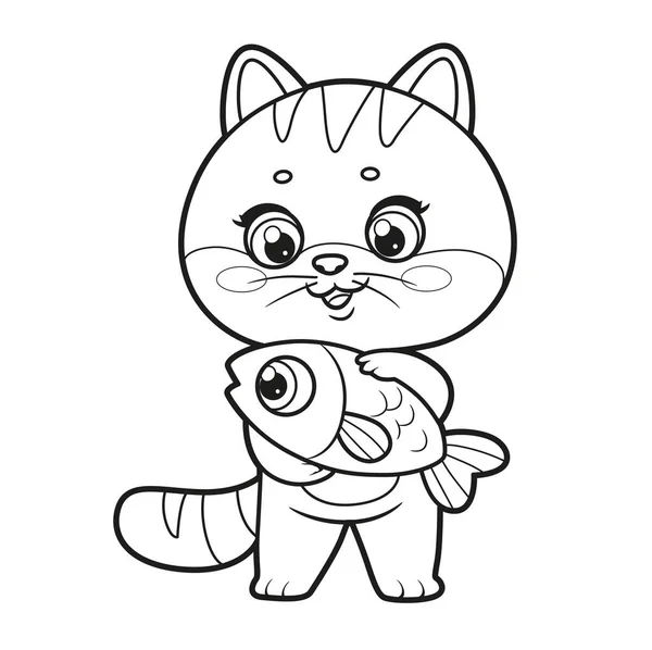 Cute Cartoon Kitten Fish Pet Outlined Coloring Page White Background — Stock Vector