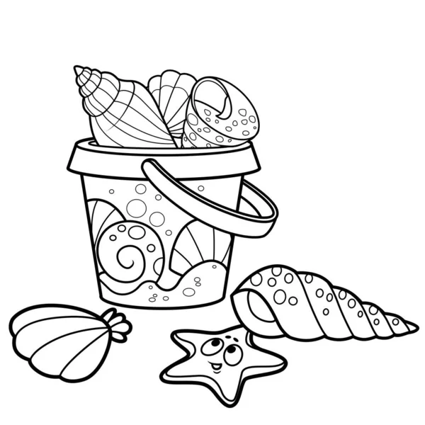 Children Toy Bucket Playing Sandbox Full Sea Shells Outlined White — Stock Vector