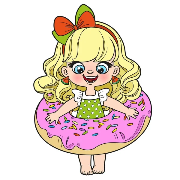 Menina Desenho Animado Bonito Maiô Com Anel Inflável Donut Para — Vetor de Stock