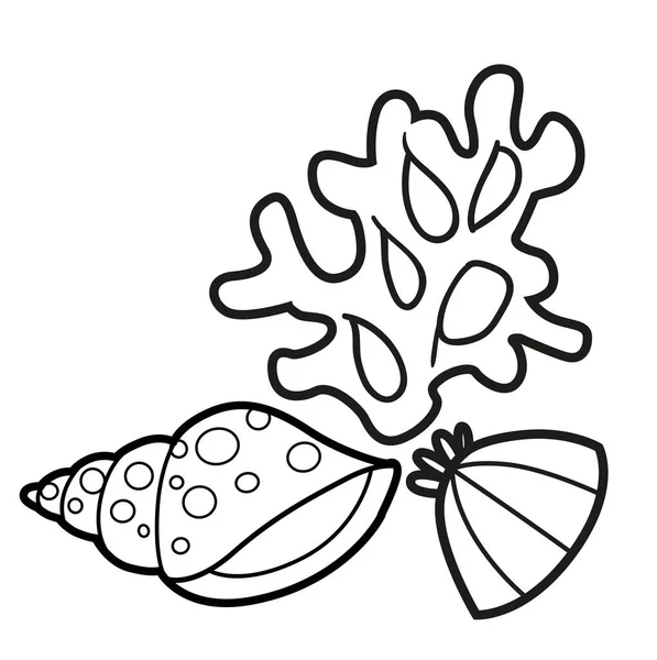 Petit Corail Avec Deux Coquillages Côte Côte Dessinés Pour Colorier — Image vectorielle