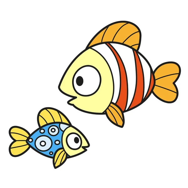 Two Cartoon Sea Fishes Color Variation Coloring Page Isolated White — Stock Vector