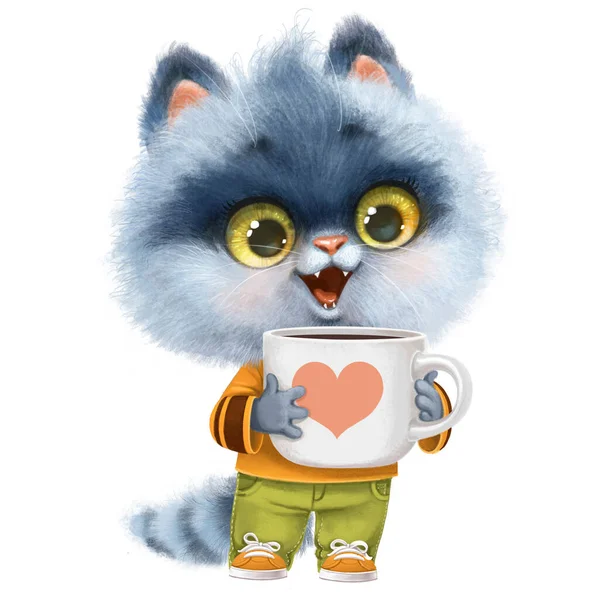 かわいい漫画グレー子猫とともに大きなカップのココア コーヒーまたは紅茶 — ストック写真