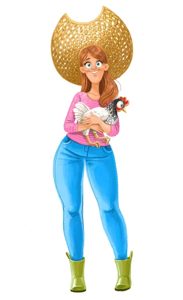 Cute Cartoon Farmer Girl Big Hat Hen Hands — Stock Photo, Image