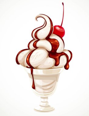 Beyaz arka planda izole edilmiş bir kasede vişneli ve çikolatalı vanilyalı dondurma.