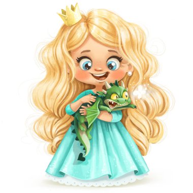 Elinde yeşil ejderha yavrusuyla balo elbisesi giymiş şirin küçük prenses.