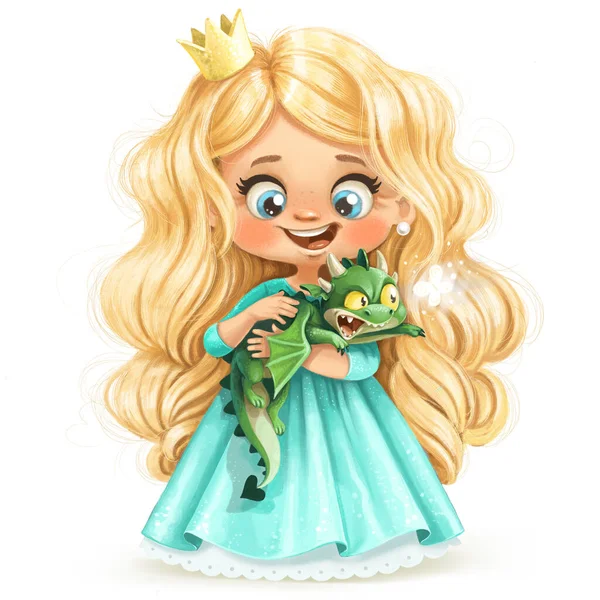 Cute cartoon little princess in ball dress with green baby dragon in hands
