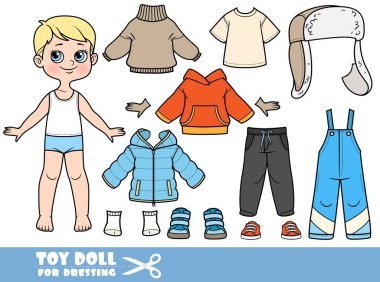 Cartoon blond boy - winter season - padded overalls, jacket, hat with ear flaps, sweater, boots and gloves. Doll for dressing clipart