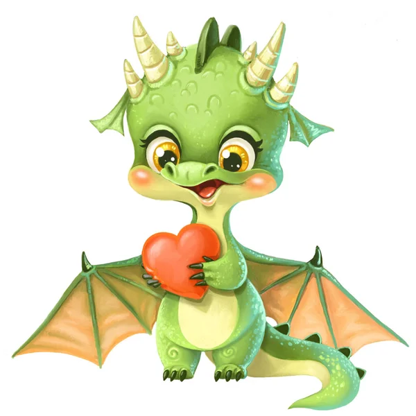 Cute cartoon baby green Dragon with red heart in paws