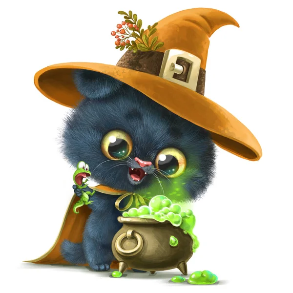 Cute Cartoon Kitten Dressed Black Witch Potion Cauldron Ingredient Lizard — Stock Photo, Image