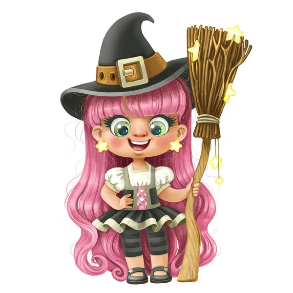 Cute Cartoon Long Haired Girl Halloween Witch Dress Broom — Stock Photo, Image