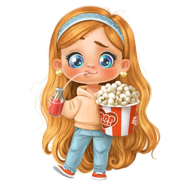 Cute Kreskówki Blondynka Dziewczyna Popcornem Pić Sok Przez Słomkę — Zdjęcie stockowe