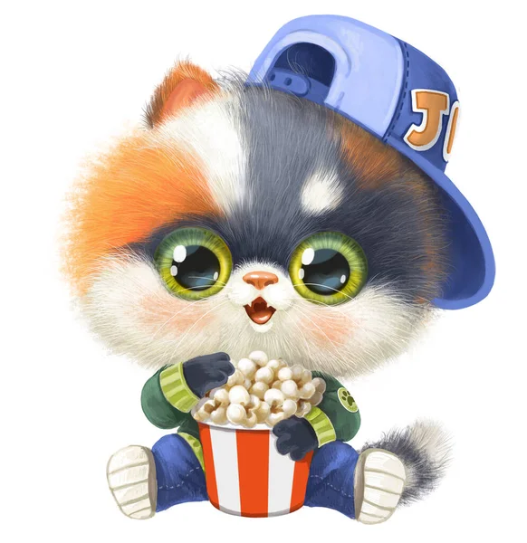 Cute Cartoon Kitten Cap Sit Floor Eat Popcorn Isolated White — Stock Photo, Image